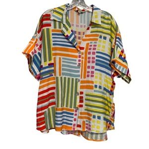NWT Tru Luxe Size L Abstract Geometric Button Down Shirt Colorful Boho Artwear